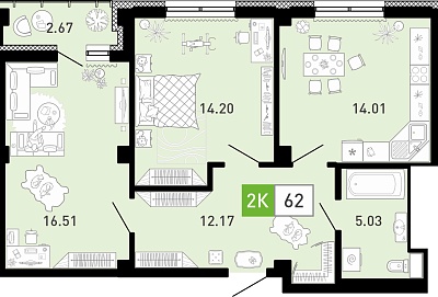 Планировка: Евротрешка 62.3 м² в ЖК Пятый квартал, Ново-Патрушево