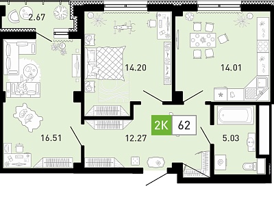 Планировка: Евротрешка 62.3 м² в ЖК Пятый квартал, Ново-Патрушево
