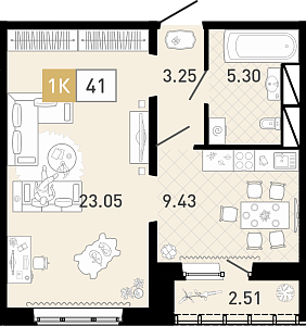 Планировка: 1-комнатная 41.1 м² в ЖК Ново Комарово, Ново-Комарово