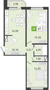Планировка: Евротрешка 67.7 м² в ЖК Пятый квартал, Ново-Патрушево